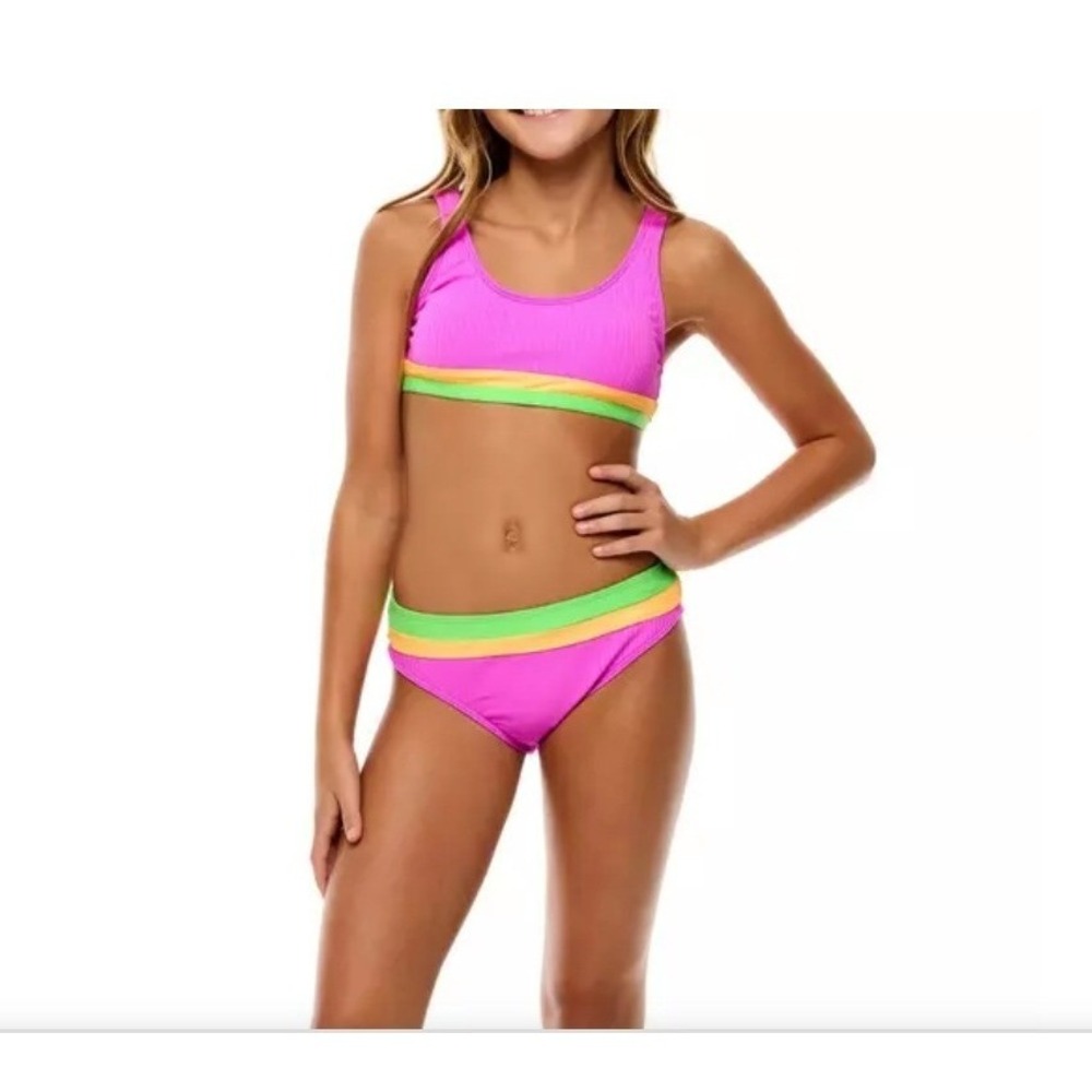 Beach Lingo Girls Purple Ribbed Bikini Set Neon‎ Green Orange Trim Size 10 NEW